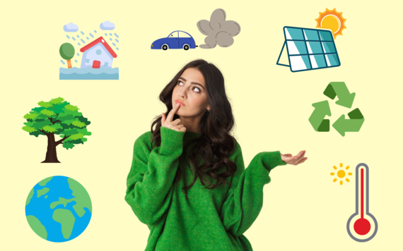 Person looking confused with graphics showing earth, tree, flooded house, fumes from a car, solar panels, recycling symbol, thermometer