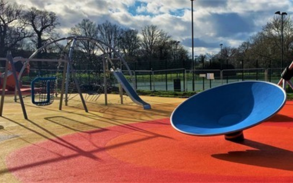 A bucket roundabout and swing at the new Cantley Park play area which is nearing completion