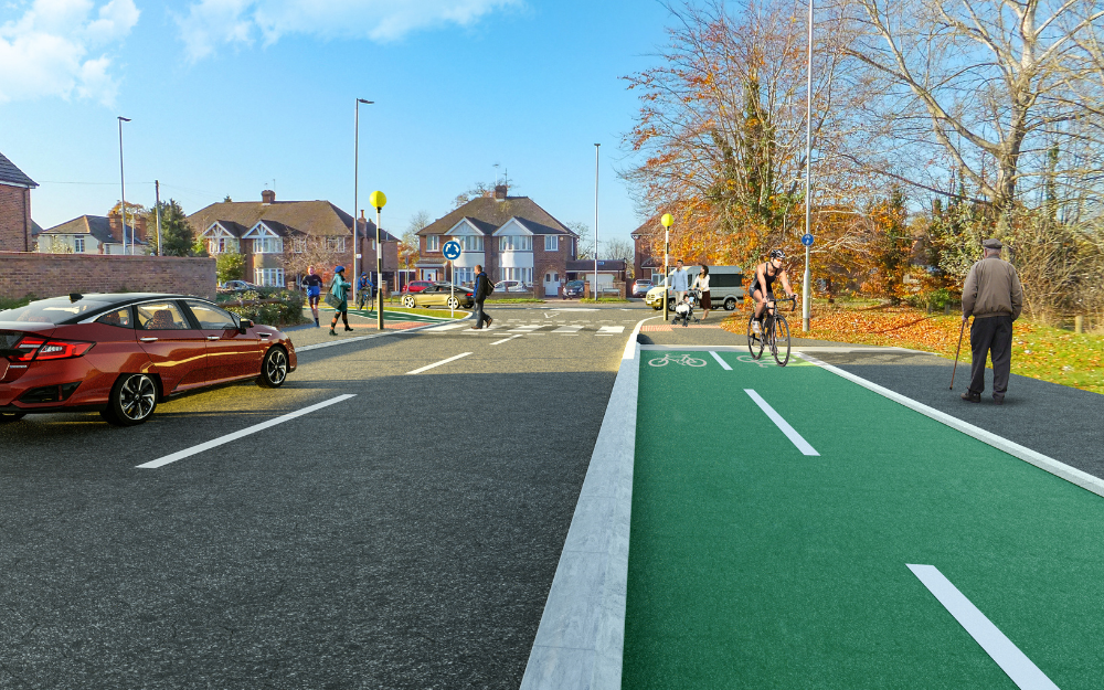 An artists impression of changes to the cycleway and road as part of the proposed woodley cycleway
