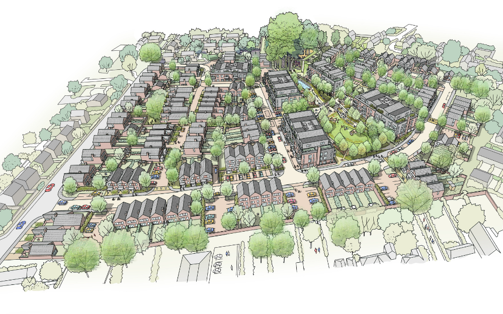 An aerial view artists' impression of housing at the gorse ride regeneration in finchampstead