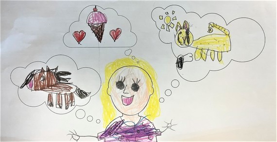 A little girl's drawing of herself smiling, coloured in, with thought bubbles showing a horse, a cat and an ice cream
