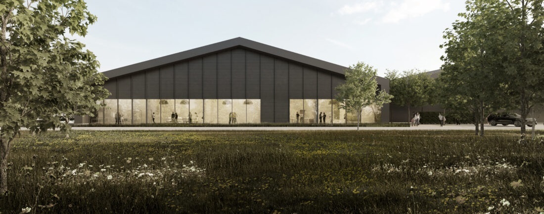 mock-up of British Museum centre, Shinfield - a modern one-storey building with pitched roof