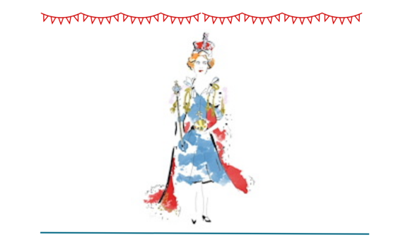 Cartoon style sketch of the queen wearing a blue dress, red robe and a crown by Meridith Towne   