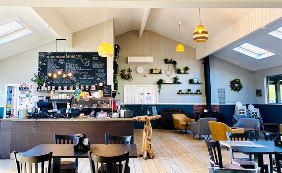 inside Jackson's Café at California Country Park, showing a bright open interior with a counter display carrying food and young woman at the till.