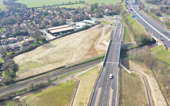 Part of the new North Wokingham Distributor Road over the railway bridge towards Winnersh