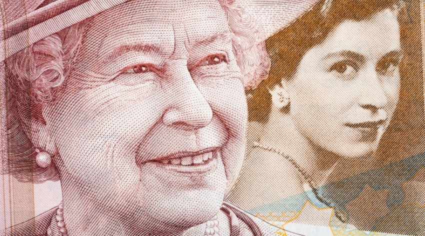 Two line drawings of the Queen, today in the foreground and in the background as a young woman