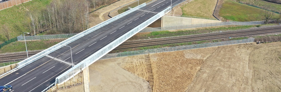 Overhead shot of the new road bridge, with shared footway and cycle path, over the railway at North Wokingham