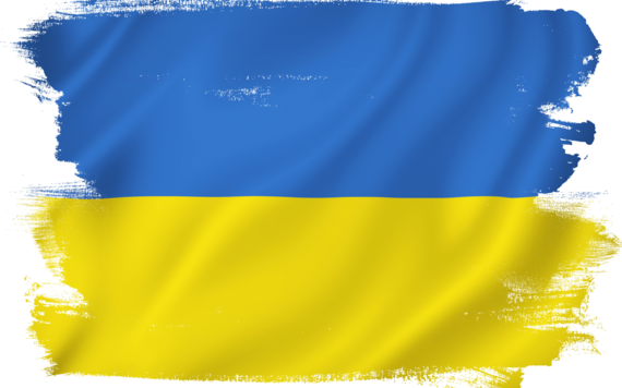 A blue paint stroke on top with a yellow paint stroke underneath representing the Ukrainian flag