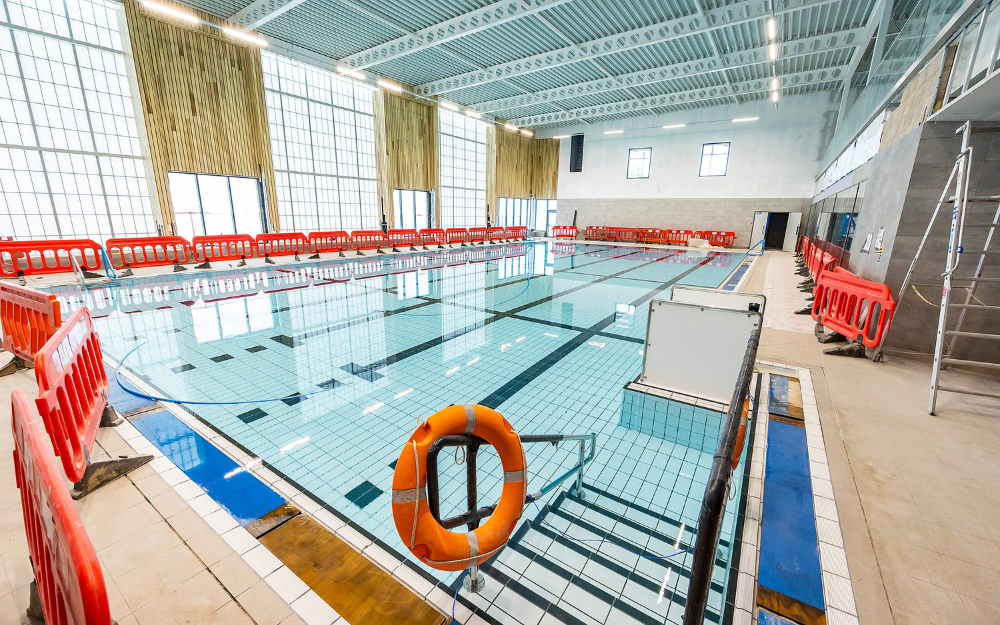 The pool at the Wokingham Leisure Centre filled with water, with barriers around it