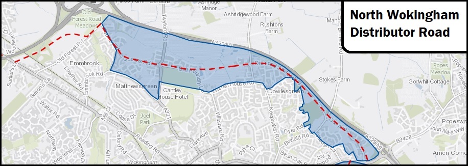 Map showing the full route of the North Wokingham Distributor Road