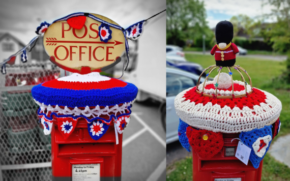 crochet post box toppers created by Barkham Hookers Charity Group to celebrate The Queen's Platinum Jubilee