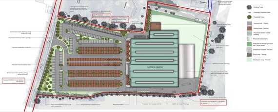 overhead view of planned improvements to Dobbies garden centre at Shinfield with car park and new main building