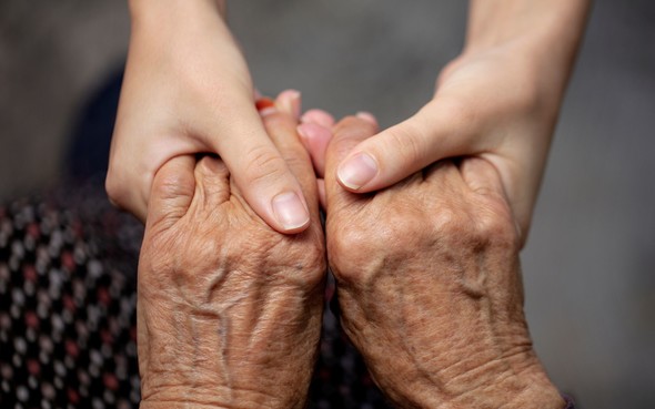 Pair of hands holding an elderly pair of hands