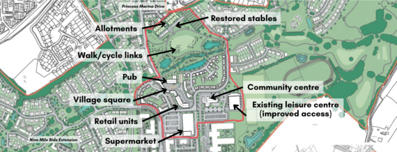 labelled overhead diagram of the new district centre, with features as fully described in accompanying article