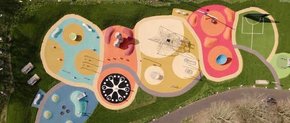 aerial view looking straight down on the Cantley Park play area laid out in colourful zones