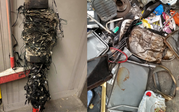On the left, some fairy lights tangle up in a machine. On the right some plastics are mixed in metal waste