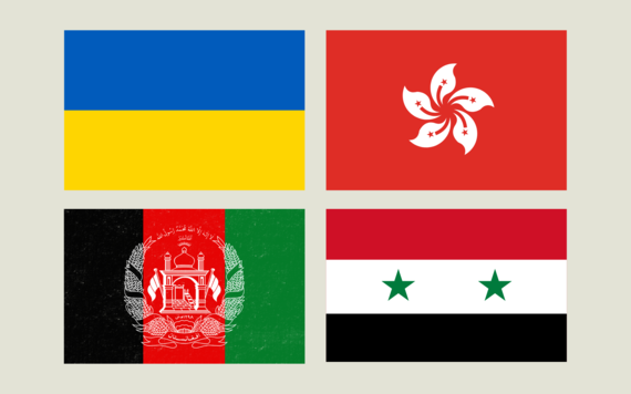 Flags for Ukraine, Hong Kong, Afghanistan and Syria on a plain background