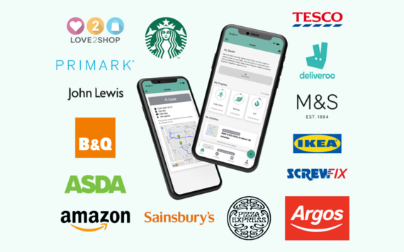 Two mobile phones showing the app, with logos of businesses you can retrieve points at including Deliveroo, Amazon, Primark and Screwfix