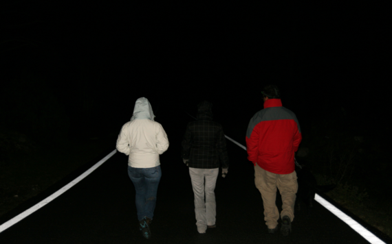 Three people walking along a road in the dark taken from the back