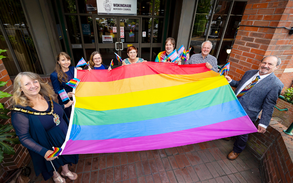 Wokingham Borough Mayor Cllr Caroline Smith leads the raising of the Pride flag outside our offices