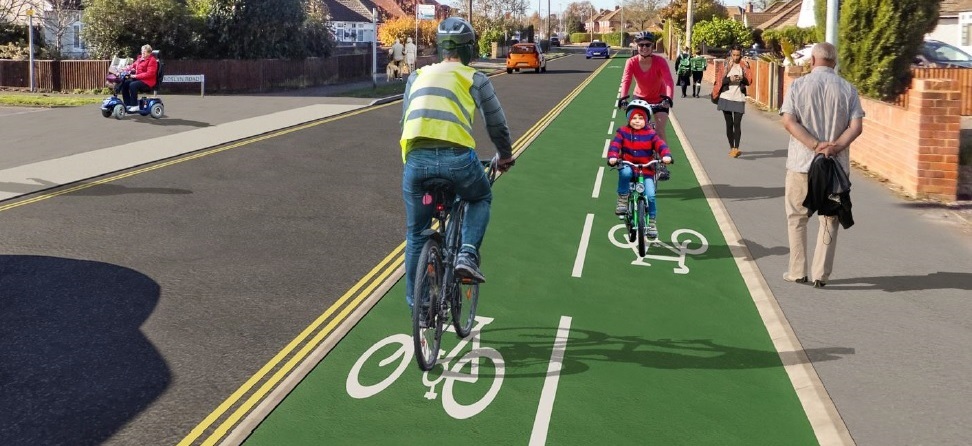 Artist's impression of a new cycleway which could be built in Woodley, mocked up with cyclists of various ages using it