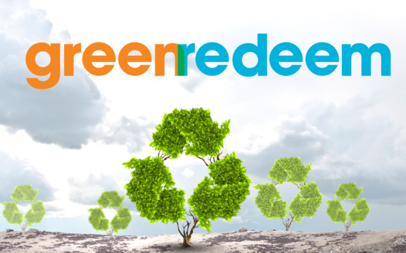 An image of five trees in the shape of a recycling logo, with  a greenredeem logo on top