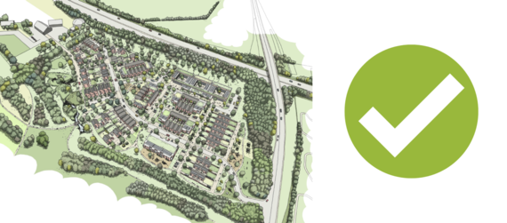 artist's impression of a new care home and housing scheme with a green tick next to it