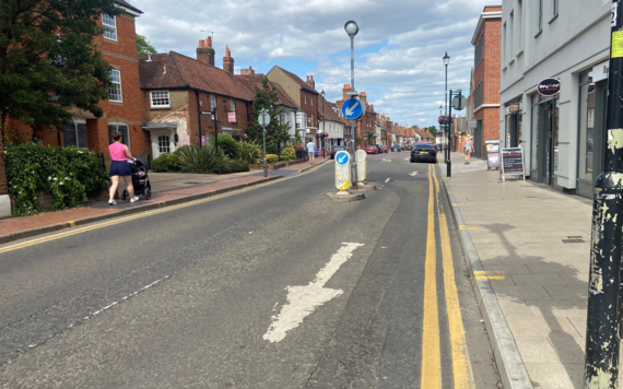 View down Rose Street in Wokingham showing the traffic island in the road where proposed changes to take place