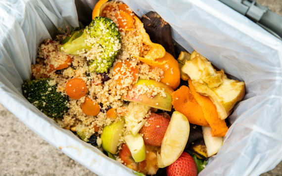 Some food waste including broccoli, strawberries, fruit peelings, apple cores and wedges, and rice, inside a food caddy