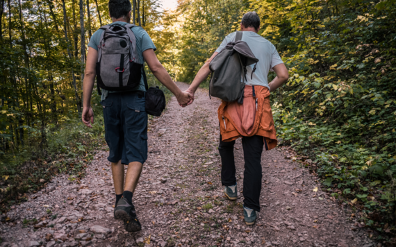 Shot from behind, two men walking holding hands through woodland