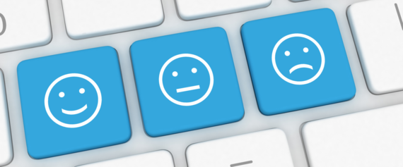 image of three blue keyboard keys with faces representing unhappy, neutral and happy reactions