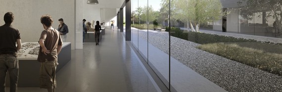 impression of the inside of the British Museum building at Shinfield - a modern, sleek look with high ceilings and full length glass windows