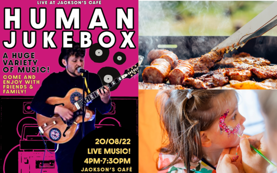 A collage of a poster featuring Human Jukebox, some food on a BBQ and a girl with face painting