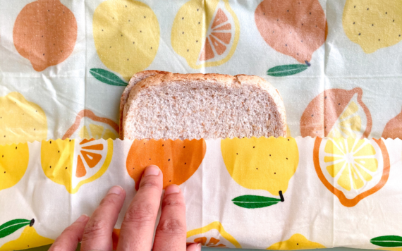 A beeswax wrap with a sandwich 