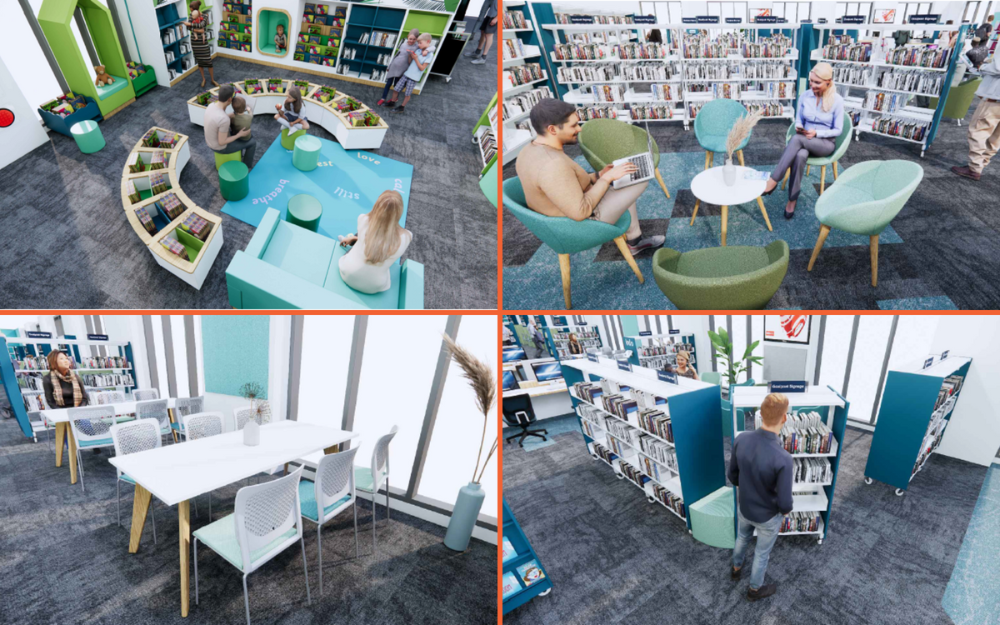 Artists impressions of the inside of the new Wokingham Library, including seating areas, meeting rooms and book shelves