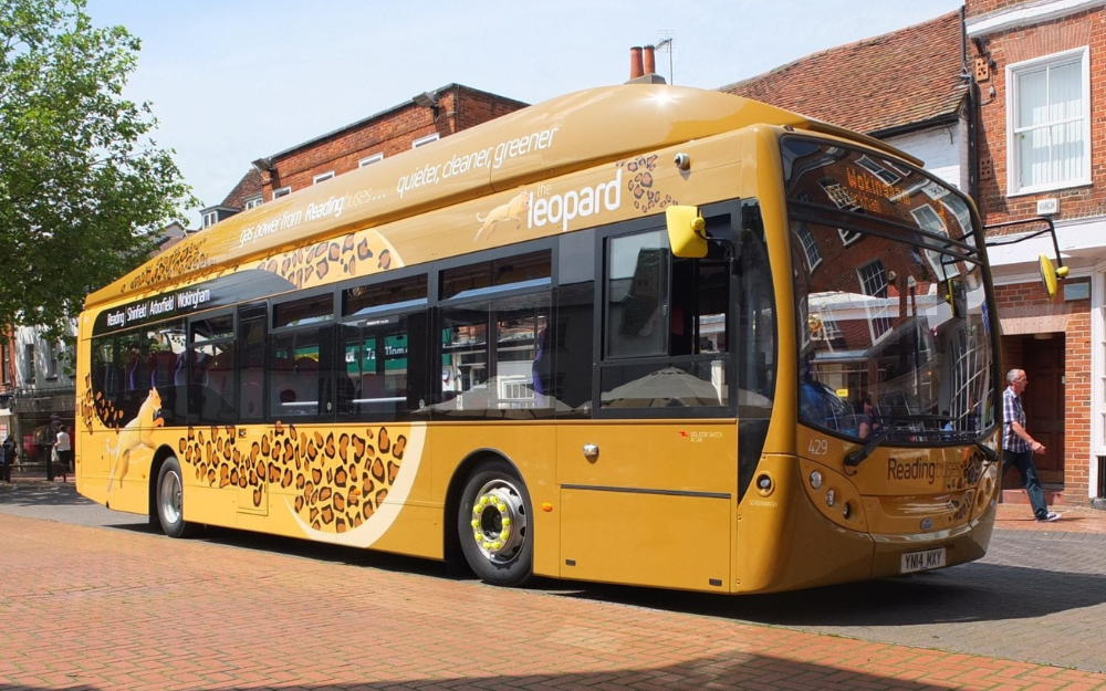 A Reading Buses leopard bus, parked in Wokingham