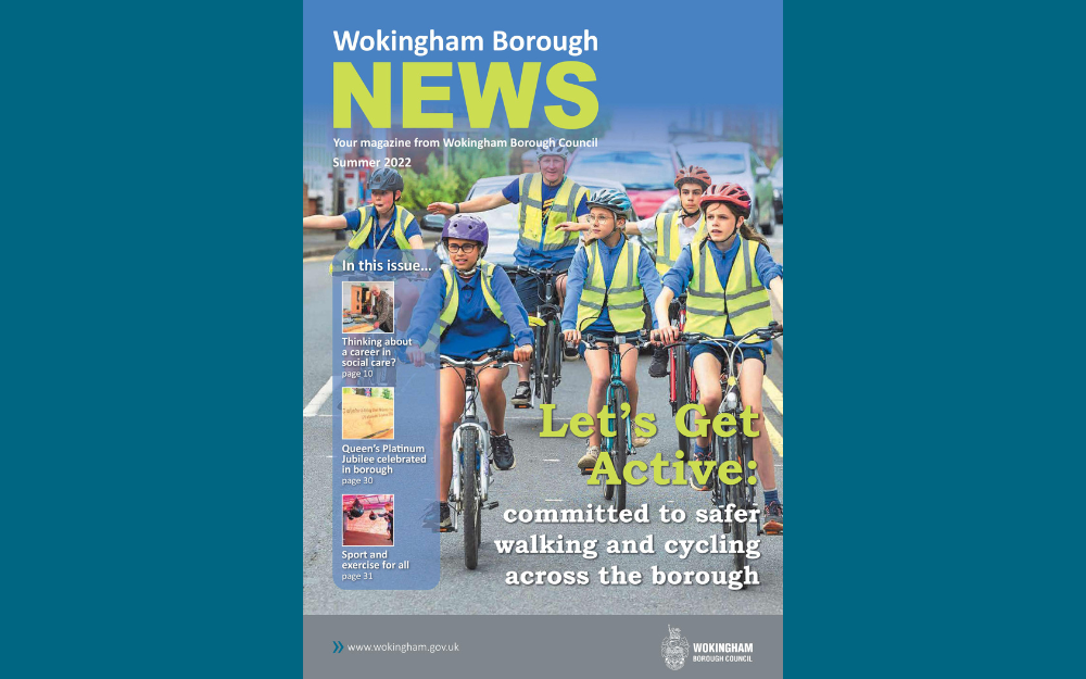 2022 summer Wokingham Borough News magazine cover, showing children riding bikes