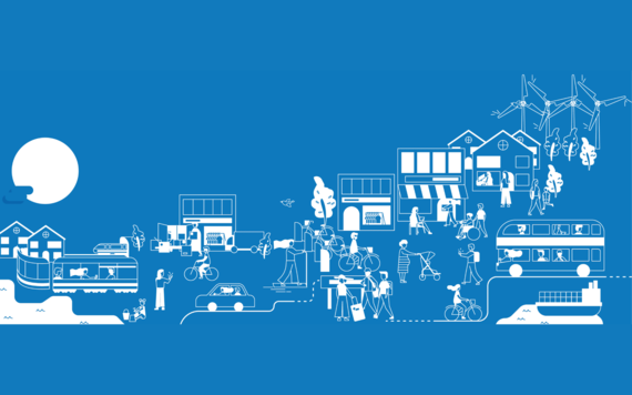 Blue background with graphic of people using different ways to travel, including bus, train, bike, boat and tram