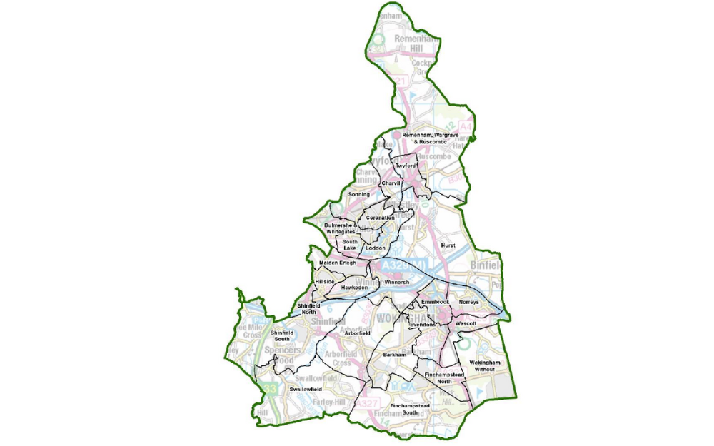 A map showing the different political wards in Wokingham borough