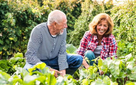 Man and lady laughing together whilst gardening