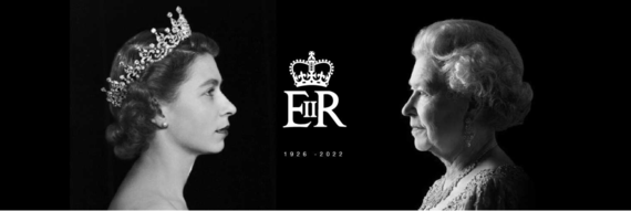 Black background with two images of the queen, one from beginning of her reign and one from the end. Royal crest with 1926 - 2022 underneath