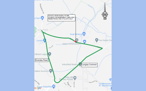 Map of Arborfield Village showing where closure is and new route