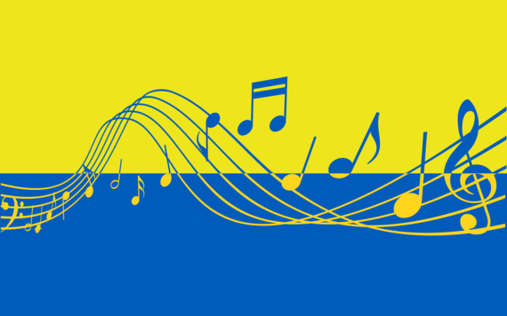 Ukrainian flag with contrasting music notes across it  