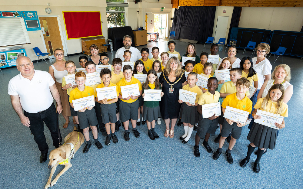 Children at Gorse Ride school with Wokingham Borough Mayor Cllr Caroline Smith after winning a road naming competition