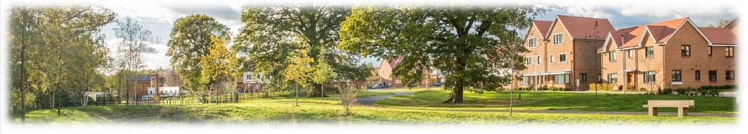 Crest artist's impression of the new Arborfield Green development, with homes in background and green space with bench in background