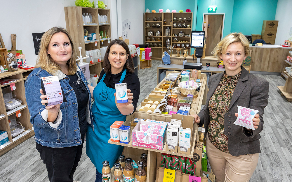 Emma Cantrell, Maya Gheorghe and Cllr Sarah Kerr launch the period poverty partnership, which also aims to reduce menstrual waste