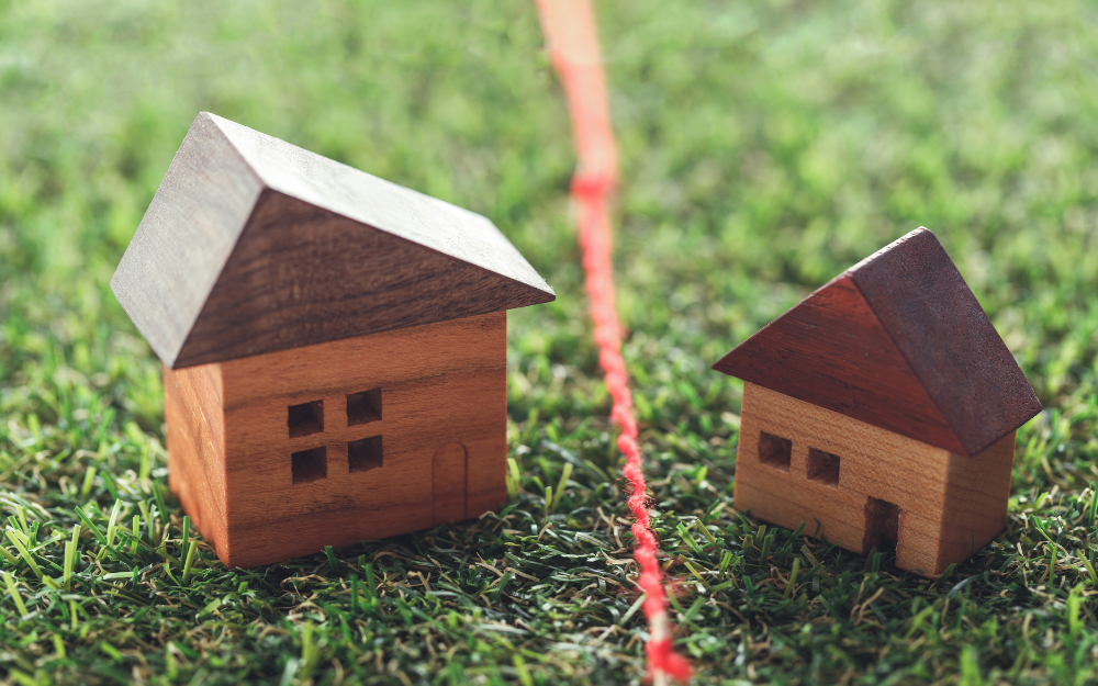 Two model houses either side of a mocked up boundary line