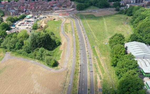 Overhead view of Nine Mile Ride Extension with footpath and cycleway at either side