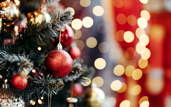 A close-up of a bauble on a Christmas tree