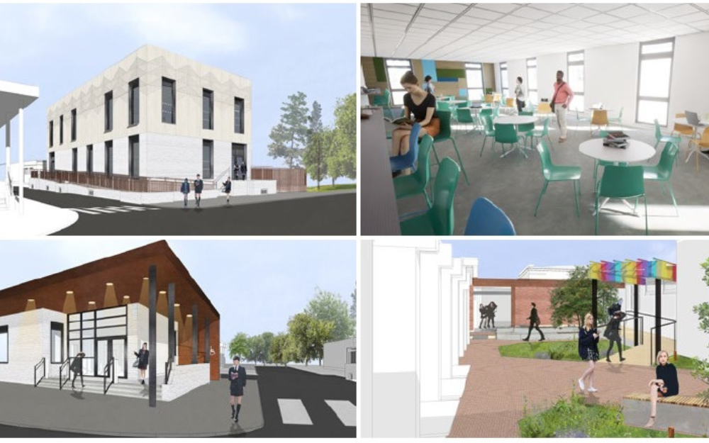 Four pictures showing artist impressions of the new school buildings, including reception and new block